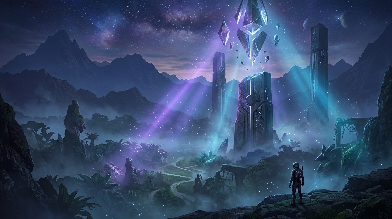 A luminous, mysterious Project ECHO concept landscape